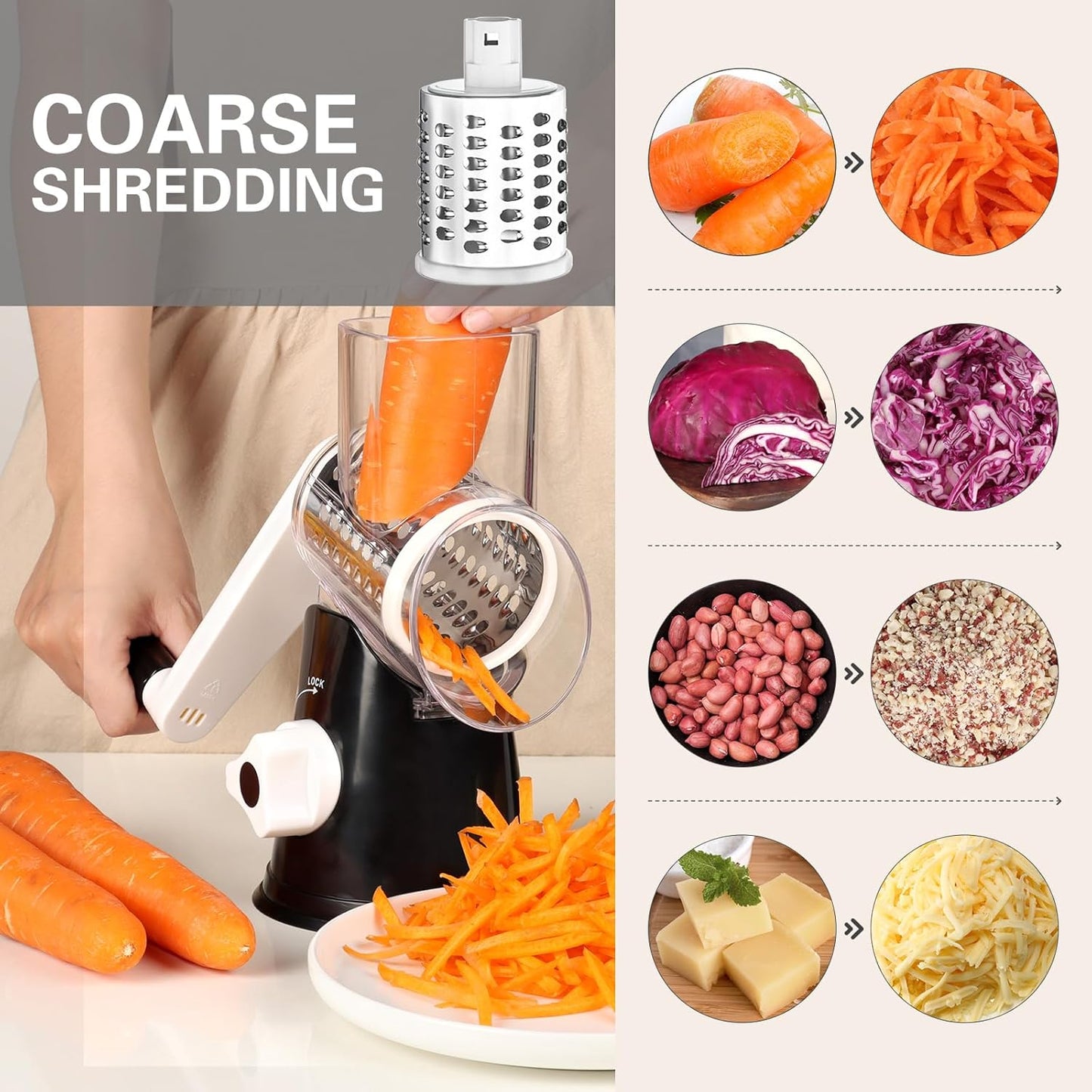 Effortless Rotary Cheese Grater - Hand Crank Shredder with Non-Slip Base and Three Versatile Blades in Sleek Black