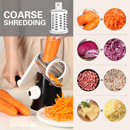 Effortless Rotary Cheese Grater - Hand Crank Shredder with Non-Slip Base and Three Versatile Blades in Sleek Black