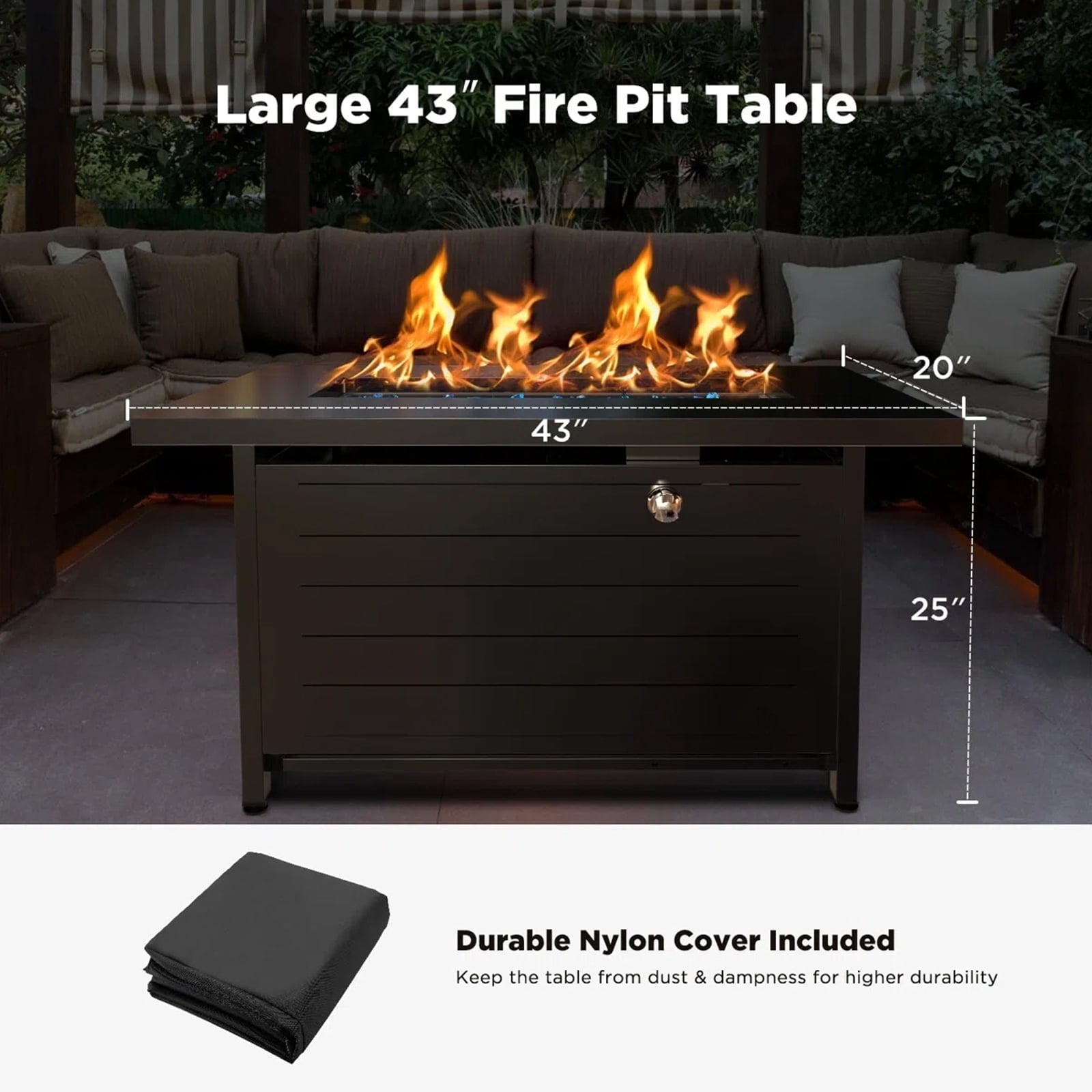 Elevate Your Outdoor Experience with the 43" Propane Fire Pit Table - 60,000 BTU of Comfort, Complete with Lid, Glass Beads, Cup Holders, and More!