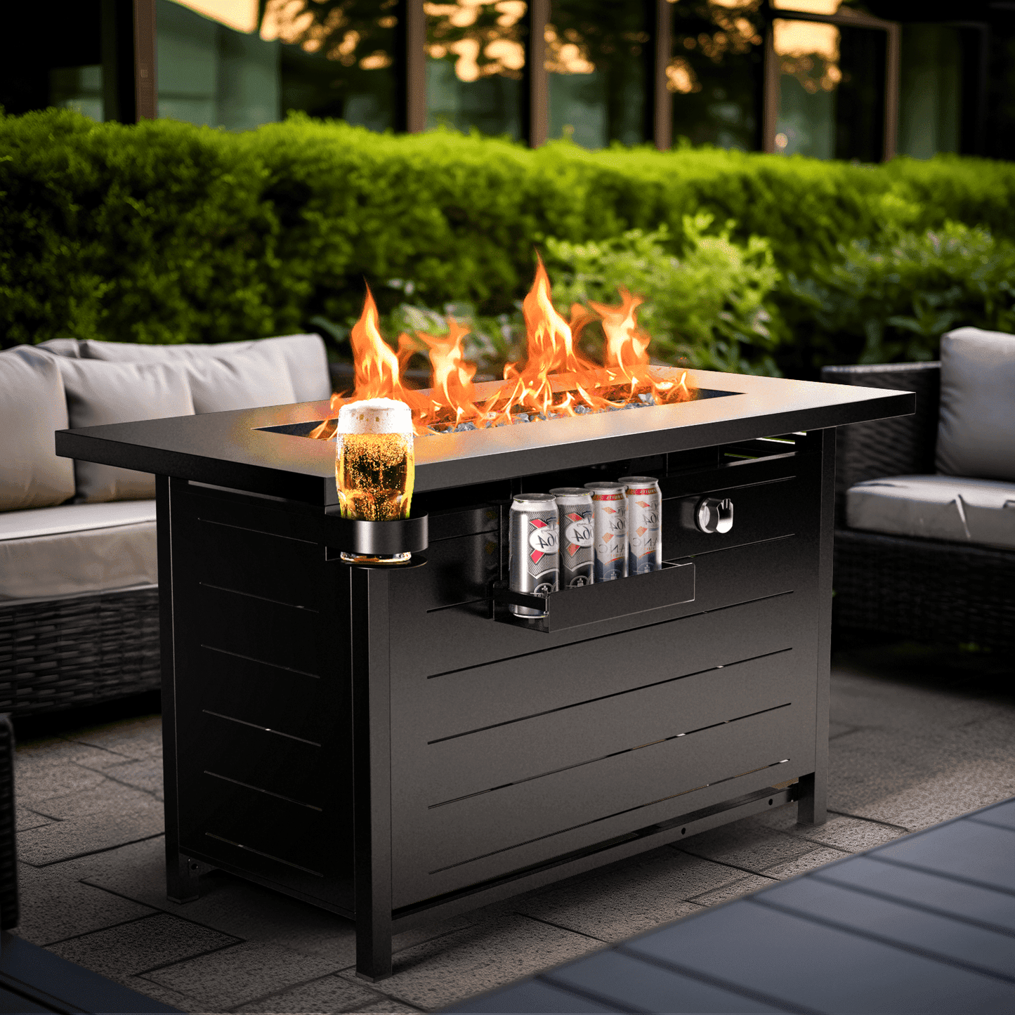 Elevate Your Outdoor Experience with the 43" Propane Fire Pit Table - 60,000 BTU of Comfort, Complete with Lid, Glass Beads, Cup Holders, and More!