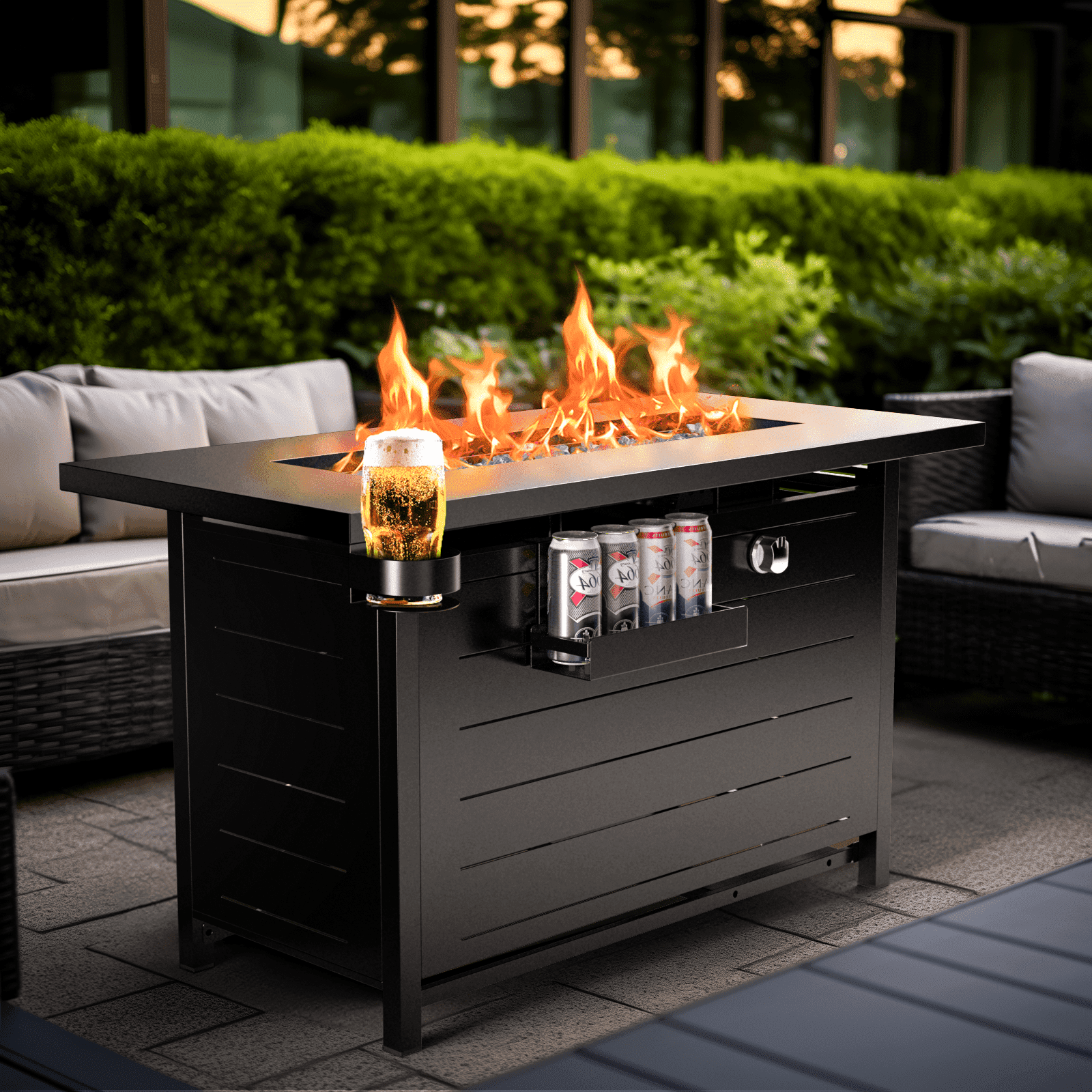 Elevate Your Outdoor Experience with the 43" Propane Fire Pit Table - 60,000 BTU of Comfort, Complete with Lid, Glass Beads, Cup Holders, and More!