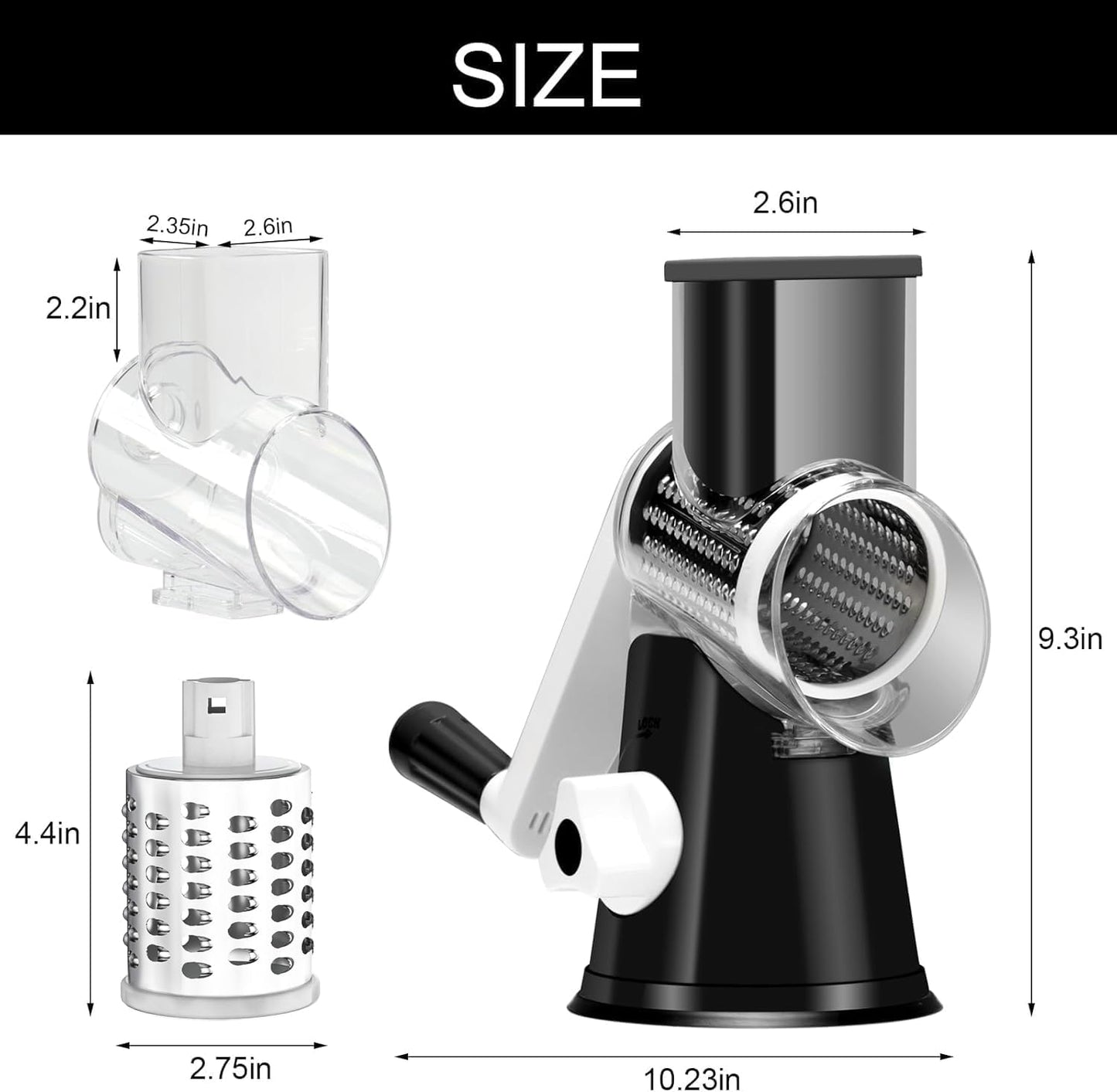 Effortless Rotary Cheese Grater - Hand Crank Shredder with Non-Slip Base and Three Versatile Blades in Sleek Black