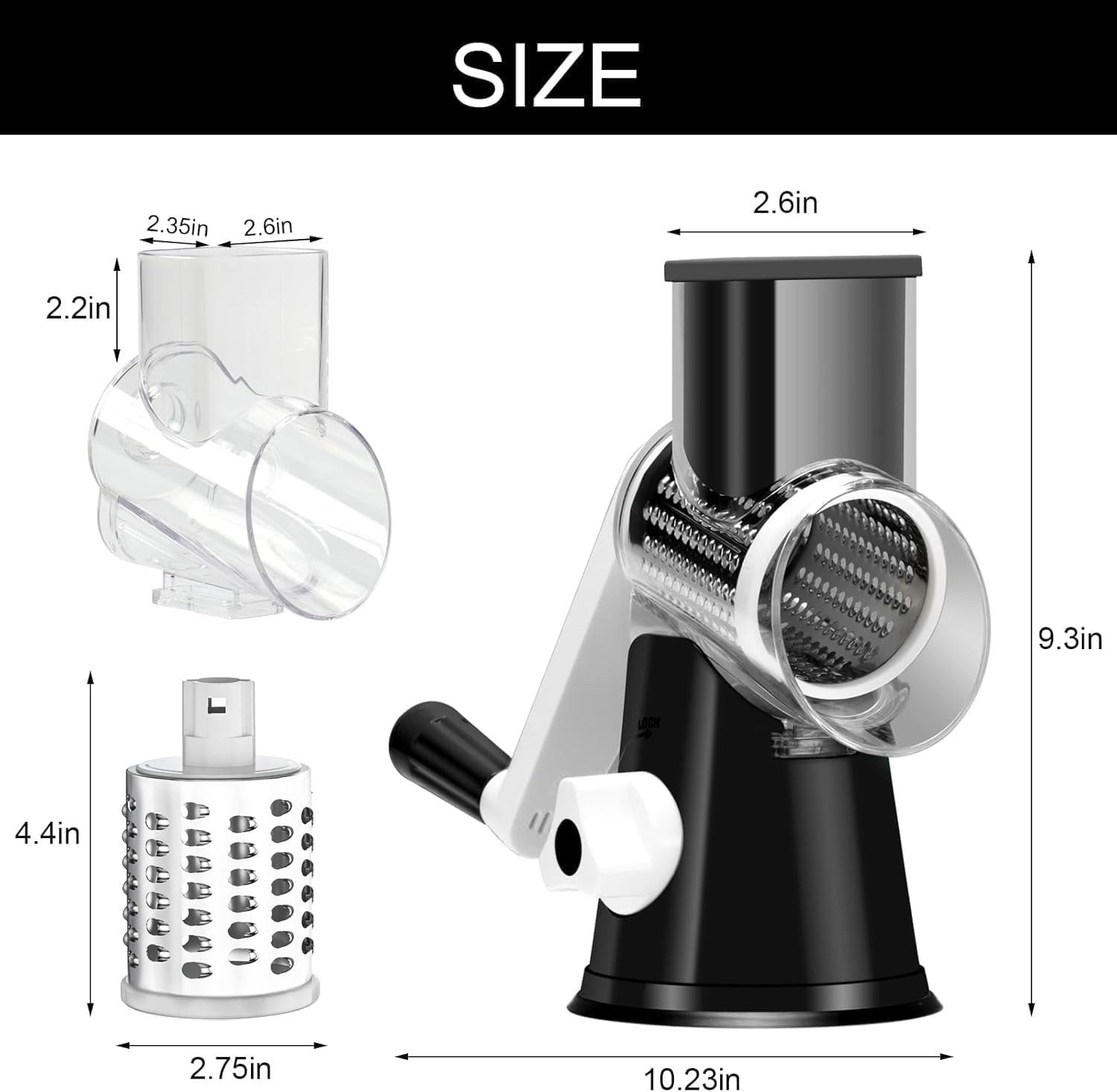 Effortless Rotary Cheese Grater - Hand Crank Shredder with Non-Slip Base and Three Versatile Blades in Sleek Black