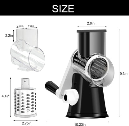 Effortless Rotary Cheese Grater - Hand Crank Shredder with Non-Slip Base and Three Versatile Blades in Sleek Black