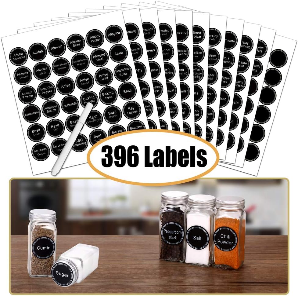 Elevate Your Kitchen Organization with Our Complete Spice Rack Set: 32 Glass Jars, 396 Labels, Chalk Marker & Funnel in Sleek Black
