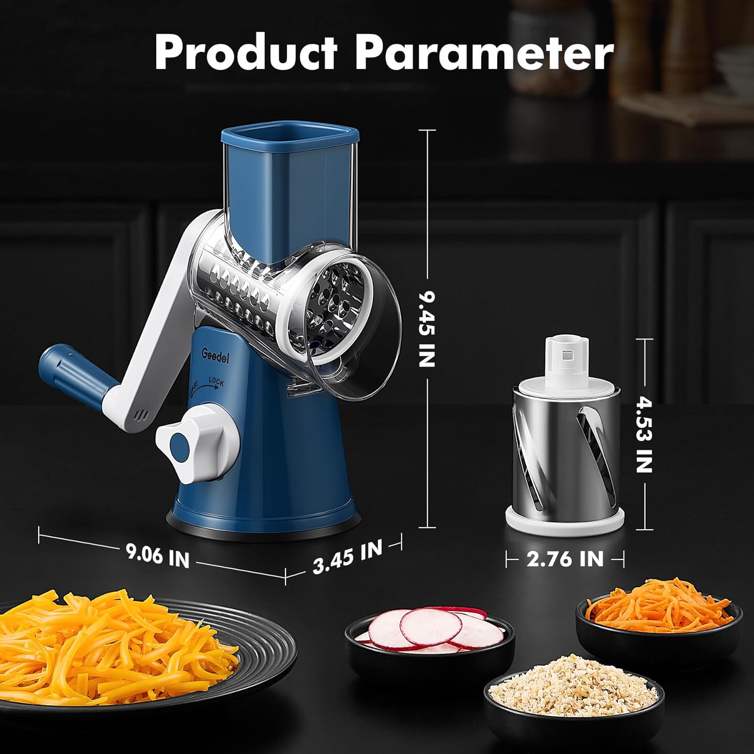 Effortlessly Shred and Slice with Our Versatile Rotary Cheese Grater - Includes 3 Interchangeable Blades for Quick and Easy Food Prep!