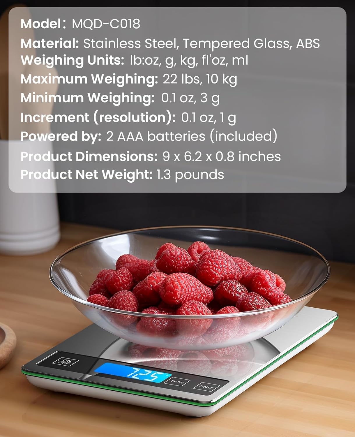 Precision Digital Kitchen Scale - 22Lb Capacity for Perfect Cooking and Baking with Stainless Steel & Tempered Glass Design