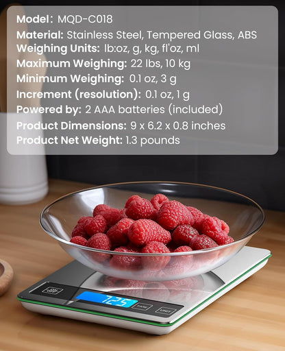 Precision Digital Kitchen Scale - 22Lb Capacity for Perfect Cooking and Baking with Stainless Steel & Tempered Glass Design