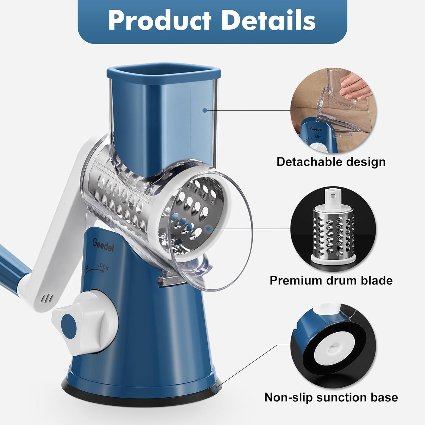 Effortlessly Shred and Slice with Our Versatile Rotary Cheese Grater - Includes 3 Interchangeable Blades for Quick and Easy Food Prep!