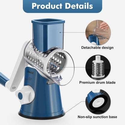 Effortlessly Shred and Slice with Our Versatile Rotary Cheese Grater - Includes 3 Interchangeable Blades for Quick and Easy Food Prep!