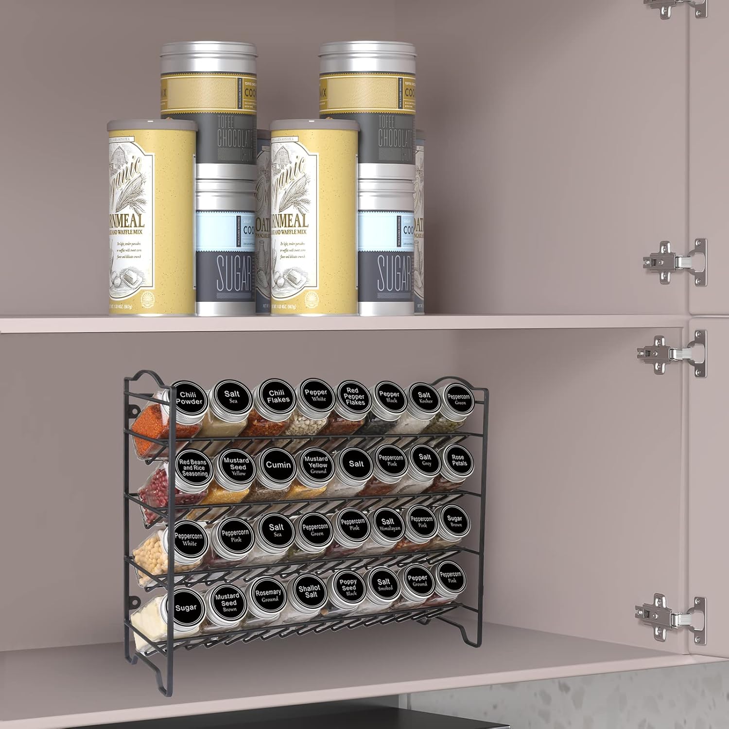 Elevate Your Kitchen Organization with Our Complete Spice Rack Set: 32 Glass Jars, 396 Labels, Chalk Marker & Funnel in Sleek Black