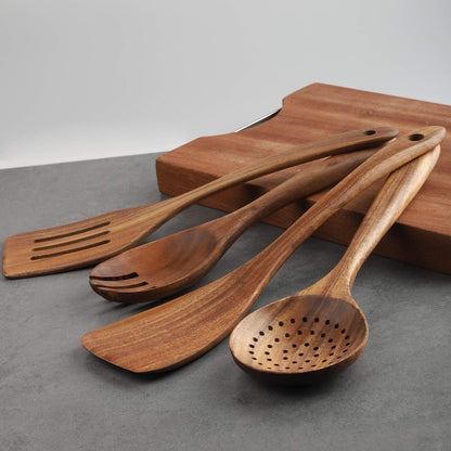 Premium 4-Piece Wooden Cooking Utensils Set - Perfect for Non-Stick Cookware with Spatula, Fork, Turner, Ladle, and Strainer Spoons