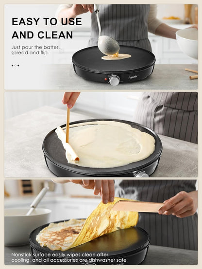 Elevate Your Breakfast Game with the Reemix Nonstick 12" Electric Crepe Maker - Perfect for Crepes, Pancakes, and More!