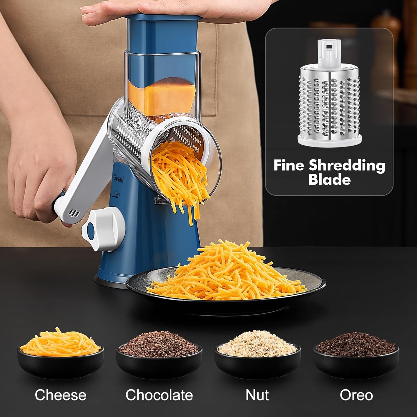 Effortlessly Shred and Slice with Our Versatile Rotary Cheese Grater - Includes 3 Interchangeable Blades for Quick and Easy Food Prep!