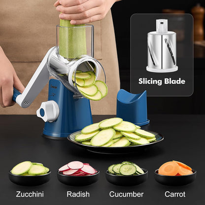 Effortlessly Shred and Slice with Our Versatile Rotary Cheese Grater - Includes 3 Interchangeable Blades for Quick and Easy Food Prep!