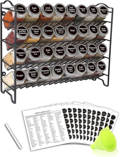 Elevate Your Kitchen Organization with Our Complete Spice Rack Set: 32 Glass Jars, 396 Labels, Chalk Marker & Funnel in Sleek Black