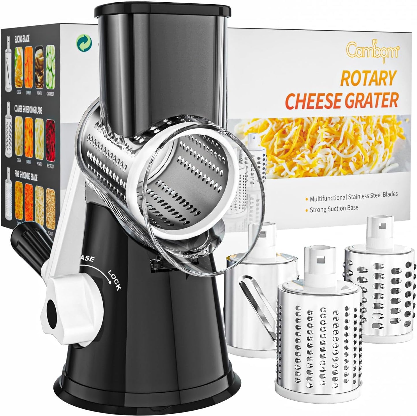 Effortless Rotary Cheese Grater - Hand Crank Shredder with Non-Slip Base and Three Versatile Blades in Sleek Black