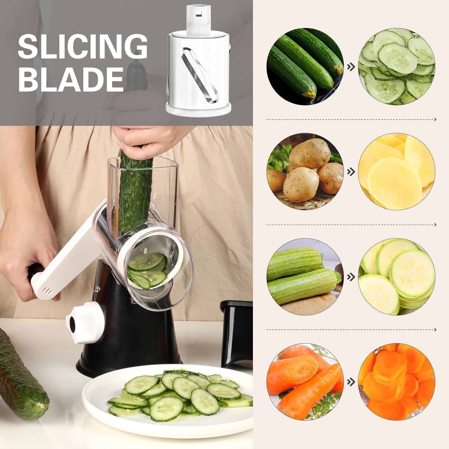 Effortless Rotary Cheese Grater - Hand Crank Shredder with Non-Slip Base and Three Versatile Blades in Sleek Black
