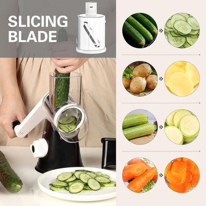 Effortless Rotary Cheese Grater - Hand Crank Shredder with Non-Slip Base and Three Versatile Blades in Sleek Black