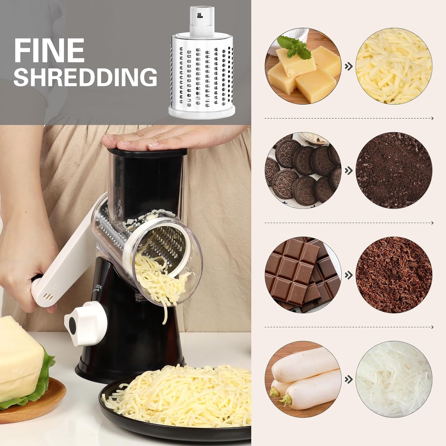 Effortless Rotary Cheese Grater - Hand Crank Shredder with Non-Slip Base and Three Versatile Blades in Sleek Black