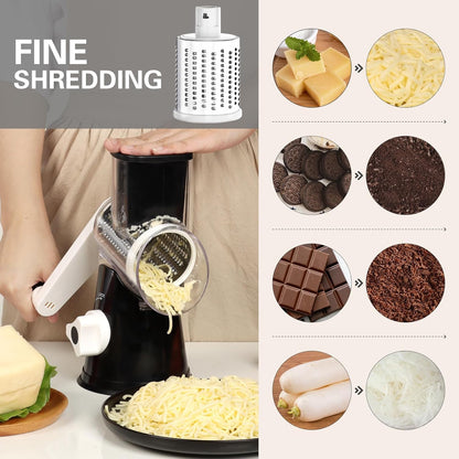 Effortless Rotary Cheese Grater - Hand Crank Shredder with Non-Slip Base and Three Versatile Blades in Sleek Black