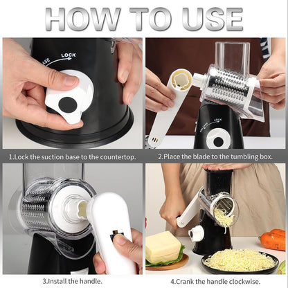 Effortless Rotary Cheese Grater - Hand Crank Shredder with Non-Slip Base and Three Versatile Blades in Sleek Black