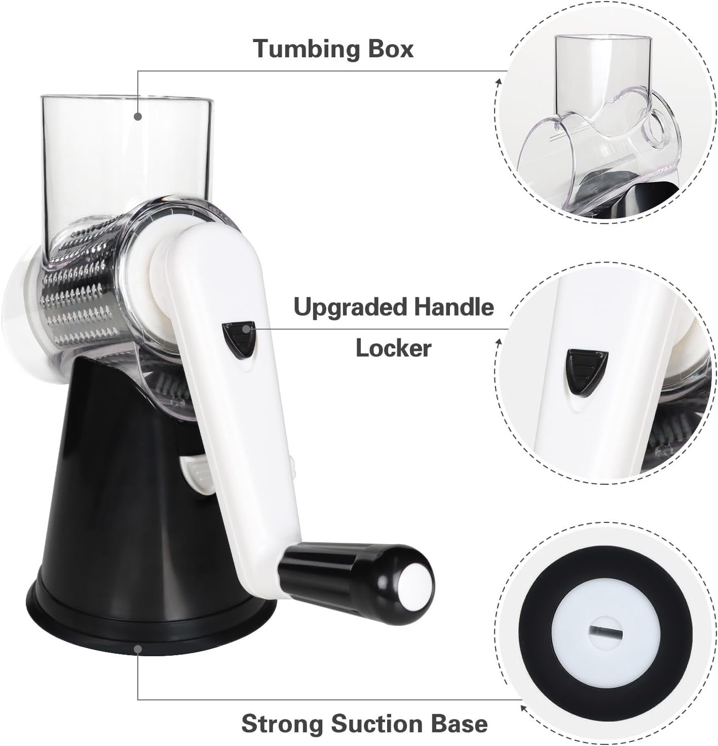 Effortless Rotary Cheese Grater - Hand Crank Shredder with Non-Slip Base and Three Versatile Blades in Sleek Black