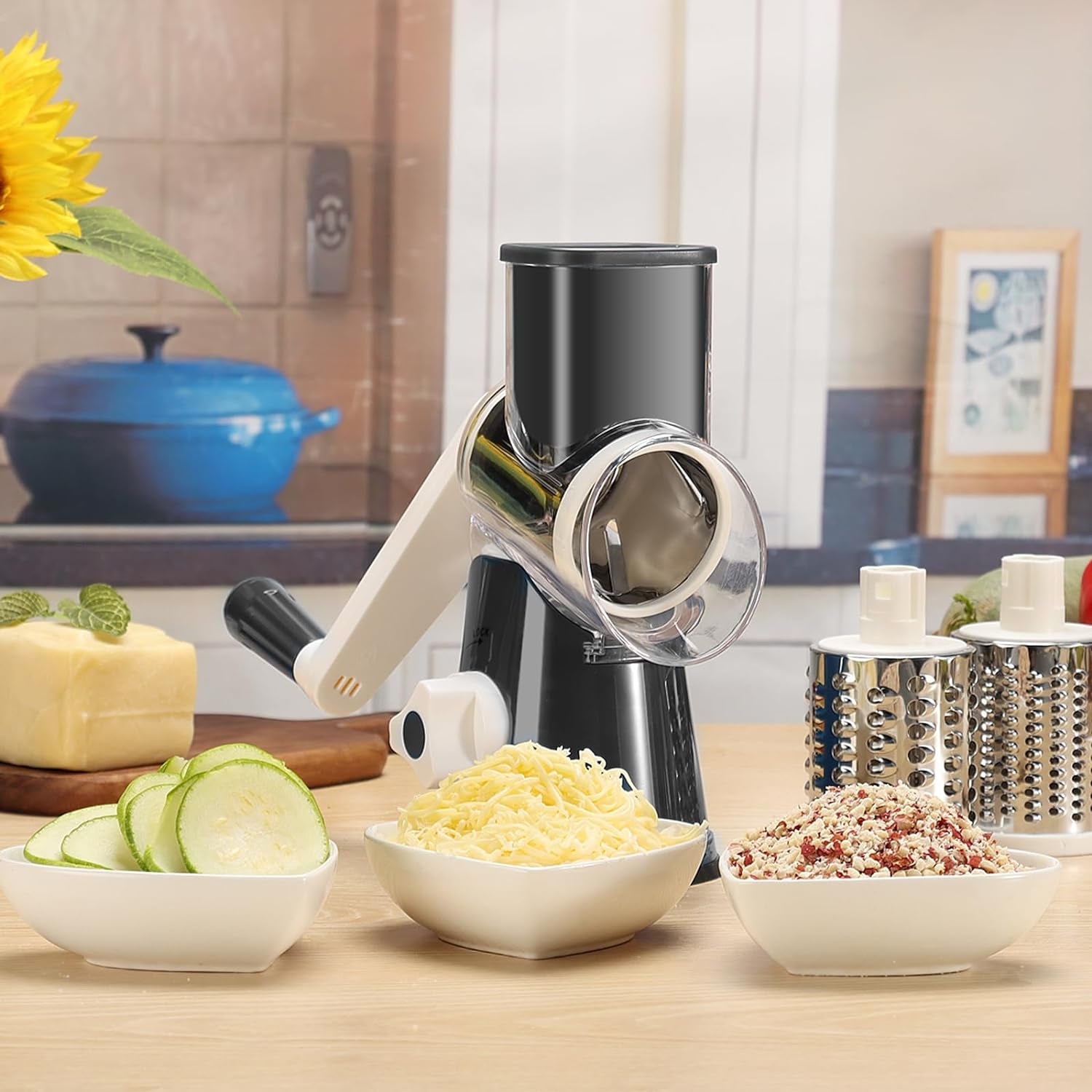 Effortless Rotary Cheese Grater - Hand Crank Shredder with Non-Slip Base and Three Versatile Blades in Sleek Black